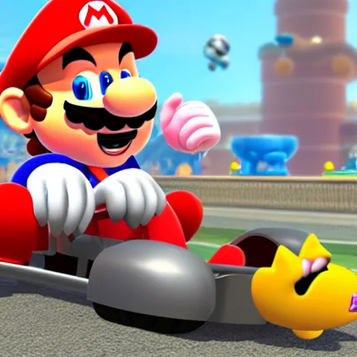 Image similar to a picture of super mario as cat peach, in mario kart