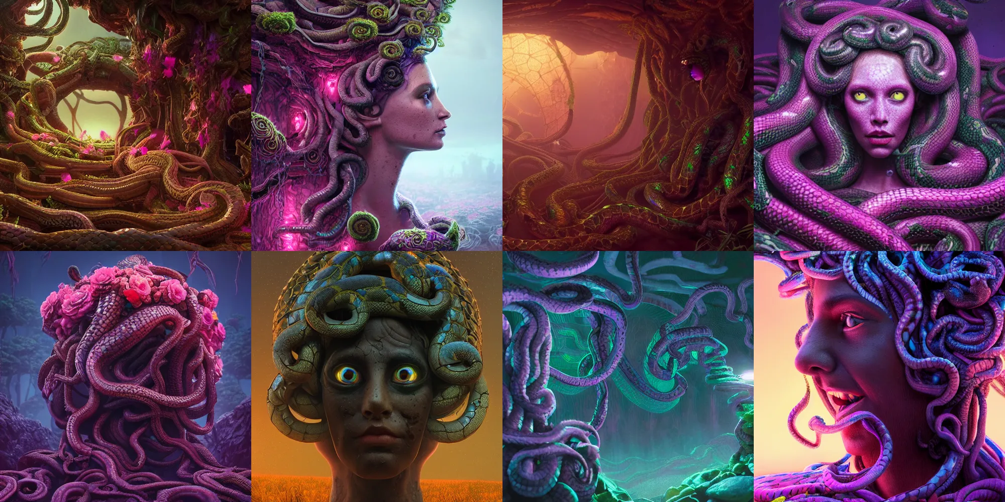 Prompt: beautiful dark medusa gorgon gaze head, highly detailed snakes, beautiful flowers, beautiful dark creepy landscape, in the style of beeple and mike winkelmann, intricate, epic lighting, cinematic composition, hyper realistic, 8 k resolution, unreal engine 5, raytracing, ultraviolet colors,