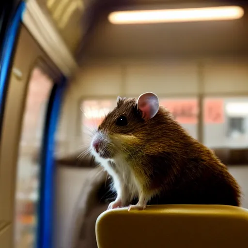 Image similar to distant photo of a hamster, sitting on a seat in a train, various poses, unedited, soft light, sharp focus, 8 k