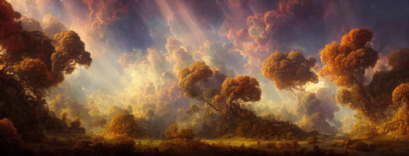 Image similar to a beautiful landscape painting of steampunk landscape, a junk nebula in the sky, galaxies visible, giant trees and colourful flowers, by jean - honore fragonard and don bluth and makoto shinkai, light rays, trending on artstation, octane render