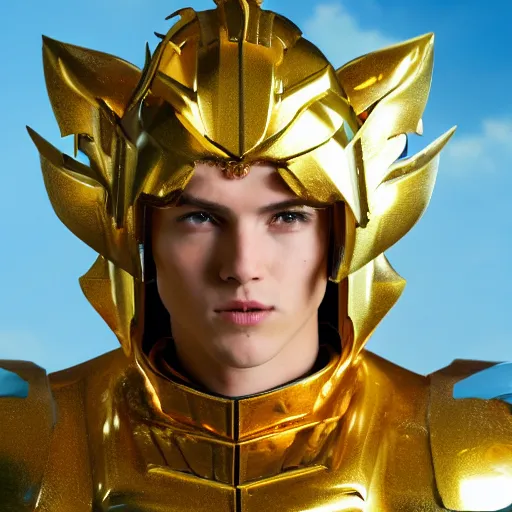 Image similar to A radiant, extreme long shot, photo of a 27-year-old Caucasian male wearing the Gemini Gold Armor, Beautiful gold Saint, Jaw-Dropping Beauty, gracious, aesthetically pleasing, dramatic eyes, intense stare, immense cosmic aura, from Knights of the Zodiac Saint Seiya, inside the Old Temple of Athena Greece,4k high resolution, Detailed photo, attention to detail, hyper detailed, ultra detailed, octane render, arnold render, Photoshopped, Award Winning Photo, groundbreaking, Deep depth of field, f/22, 35mm, make all elements sharp, at golden hour, Light Academia aesthetic, Socialist realism, by Annie Leibovitz