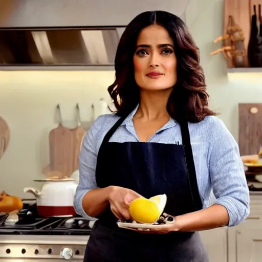 Prompt: salma hayek posing for a cooking show with food, in a kitchen