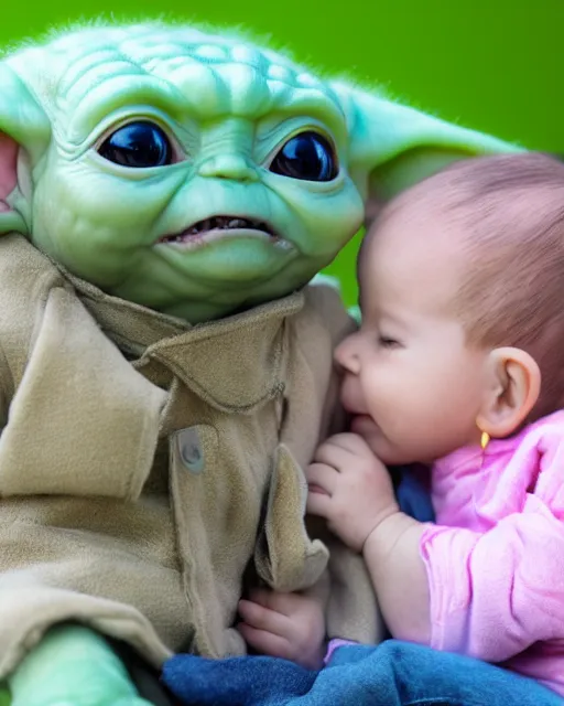 Prompt: stock photos of baby yoda playing with a cute puppy, hyperreal