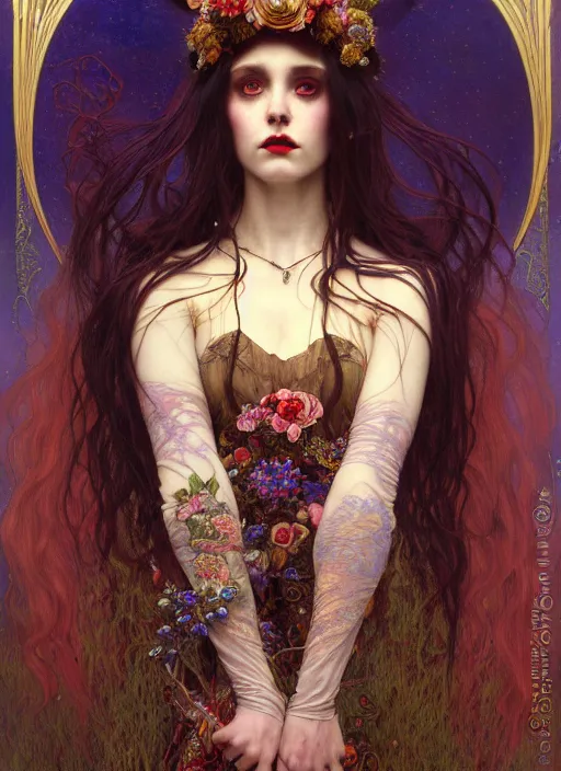 Image similar to hyper detailed masterpiece vampire girl duchess by donato giancola and tom bagshaw, face by artgerm and edmund leighton, and alphonse mucha, trending on artstation, colorful, psychedelic aesthetic, ornate, background by gustav klimt, 8 k, black gothic, majestic, volumetric lighting, porcelain skin, concept art, sharp focus