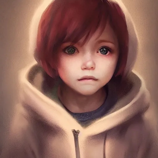 Image similar to a tiny girl with short red hair wearing a hoodie, digital art, cute face, very beautiful face, pretty face, very detailed eyes, full body illustration, 8 k resolution, soft painting, by greg rutkowski, wlop, rossdraws,