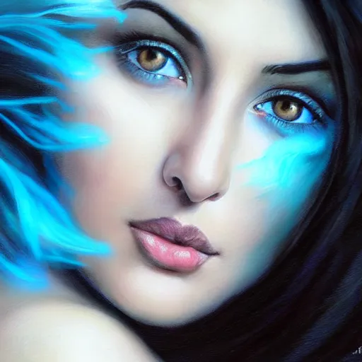 Image similar to Beautiful face Portrait of smiling young hindu Monica Bellucci, really big blue ocean color huge eyes, blue indygo thunder lightning, long wavy black hair, white veil, magic blue fire, focus face, dramatic lighting, intricate, India, wild, highly detailed, digital painting, artstation, concept art, smooth, sharp focus, illustration, art by artgerm and greg rutkowski and alphonse mucha, footage from space camera