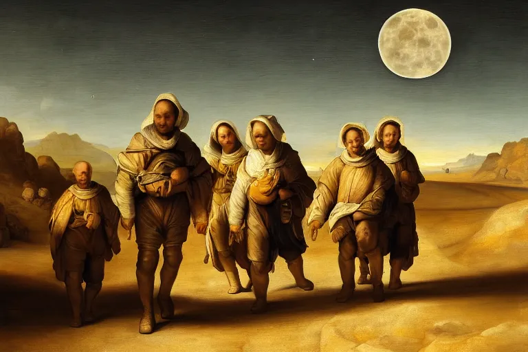 Prompt: group of humanoid robots pilgrims walking through the desert with the moon on the horizon, in the style of jan lievens, highly detailed, elegant, intrincate, colorful, vivid, realist style, hyperdetailed, 4 k resolution, matte painting