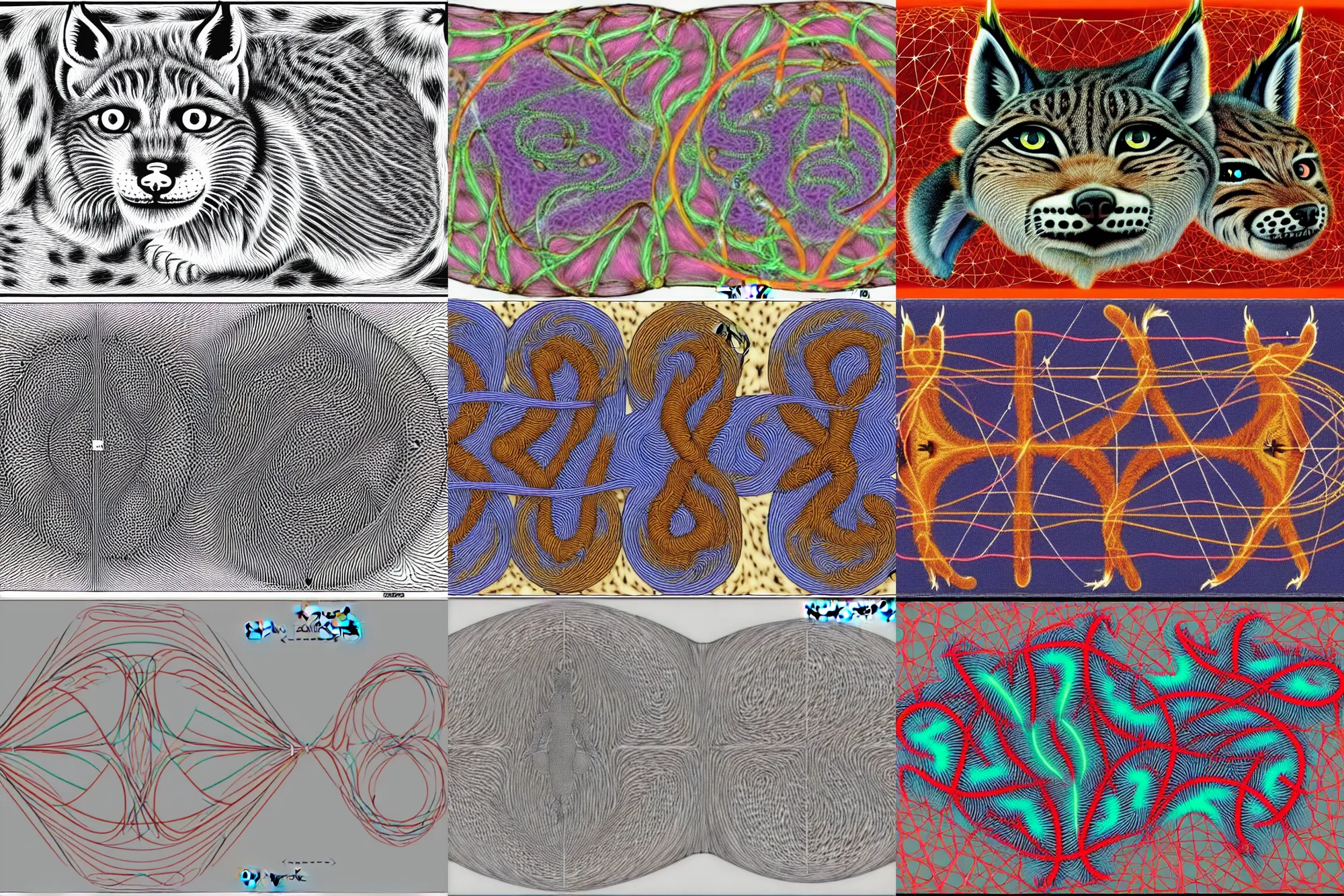 Prompt: a demonstration of the lynx that links the hopf fibrational planes into one cohesive topology, and the ferret that crosses the solitons ( topological defects ). fractals and recursions, style of : roger penrose and timothy leary.