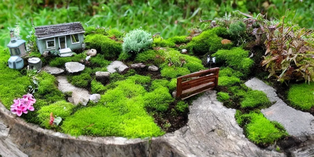 Prompt: miniature garden, cottagecore, moss, plants, cute, friendly