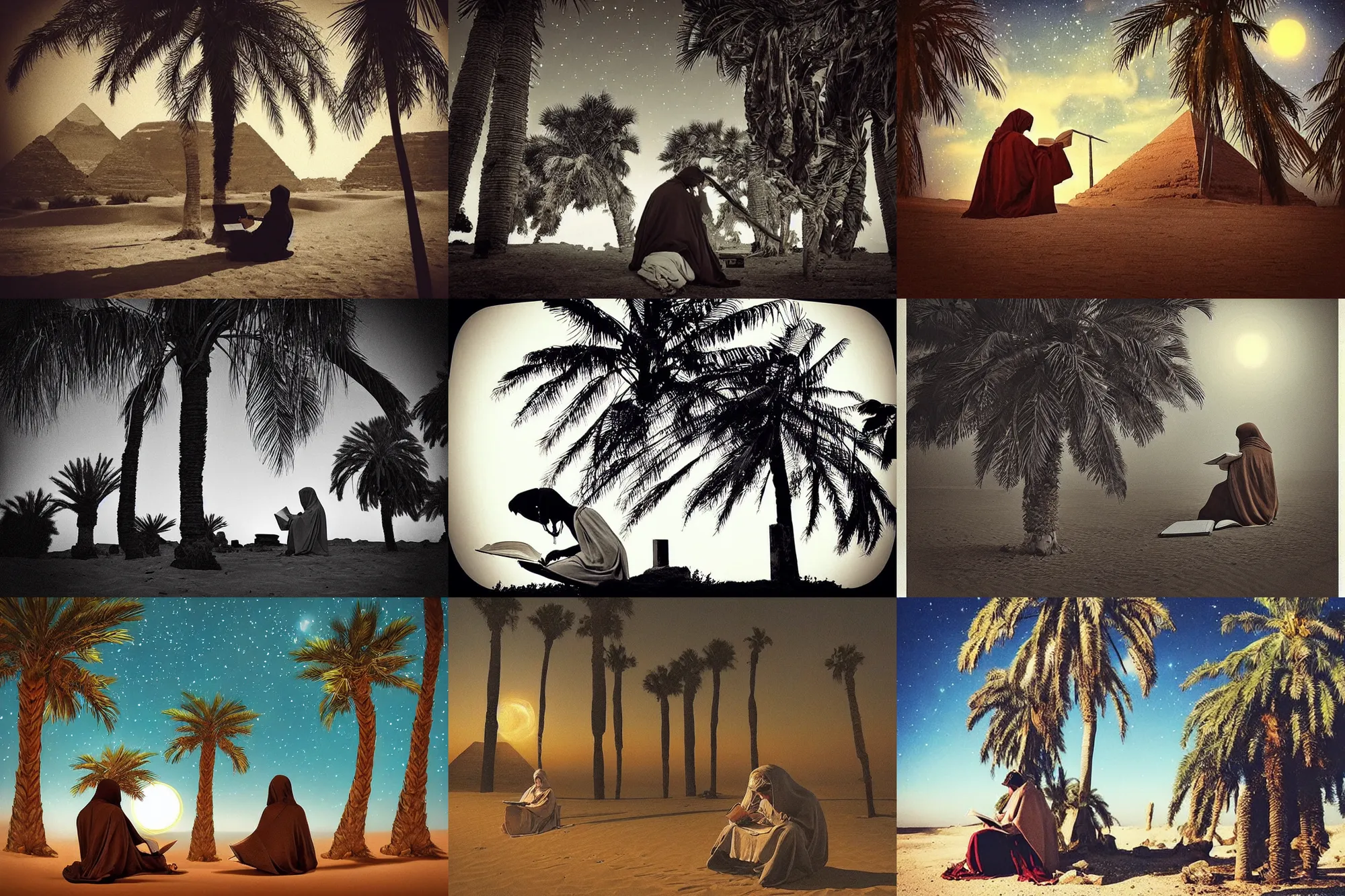 Prompt: “ a Druid reading ancient scrolls under a palm tree, sitting down, brown hooded cloak, night, stars, Egyptian desert, alone”