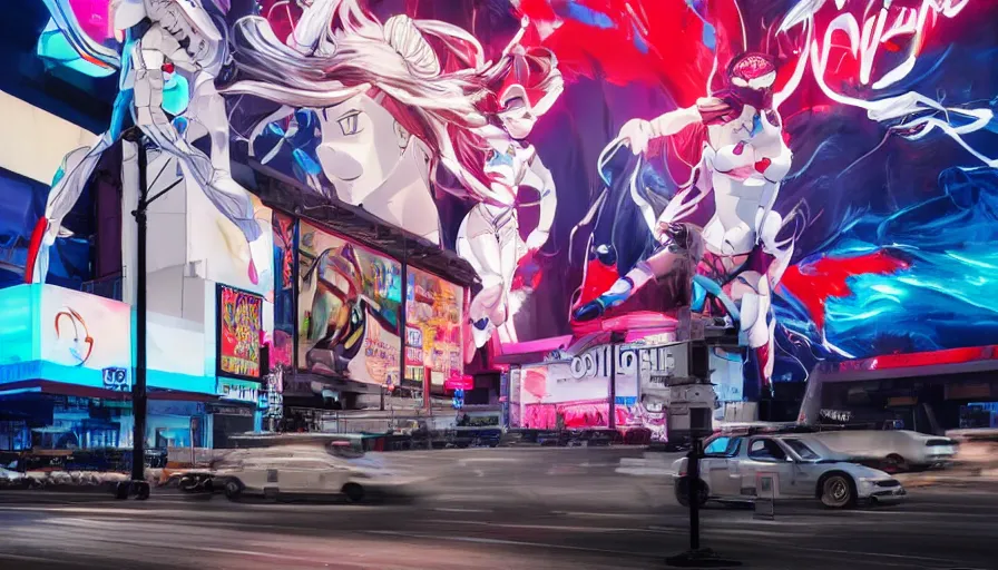 Image similar to billboard advertisement with an extremely beautiful photo of a white marble statue of an anime girl with colorful motocross logos and motorcycle helmet with closed visor, colorful smoke in the background, carved marble statue, fine art, neon genesis evangelion, virgil abloh, offwhite, denoise, highly detailed, 8 k, hyperreal