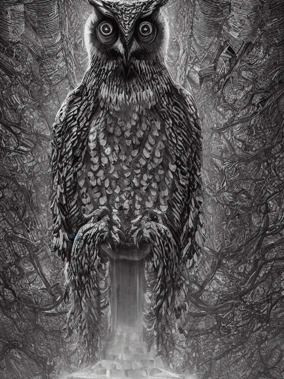 Image similar to a beautiful hyper realistic detailed matte painting showing an old totem of the old owl, a strange and oppressing statue who seems to intensely watch you, lovecraftian style, dramatic lighting, dynamic lighting, cinematic lighting, by maurits cornelis escher, black and white, featured on artstation