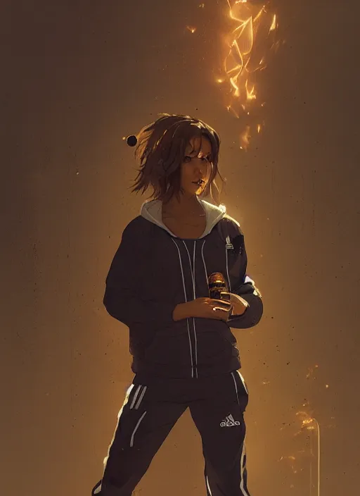 Prompt: russian slav heroine wearing an addidas tracksuit squatting with whiskey in one hand and a cigarette in the other hand. by greg rutkowski and wlop, detailed, cinematic, artstation, 8 k, intricate, rule of thirds.