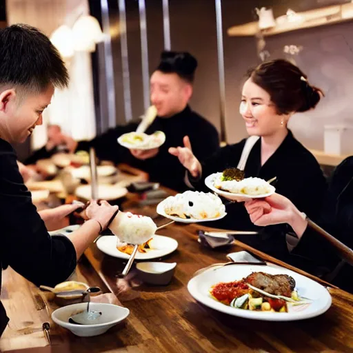 Prompt: a group of diners being served panda in a fancy restaurant, promotional picture, award winning, high quality, high resolution