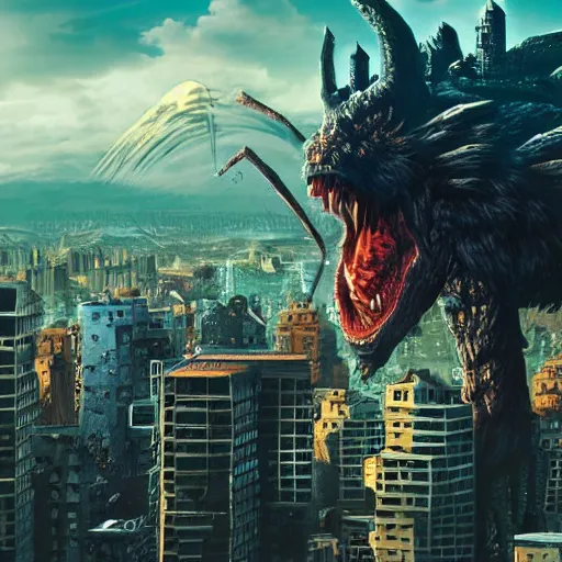 Prompt: giant monster attacking a city