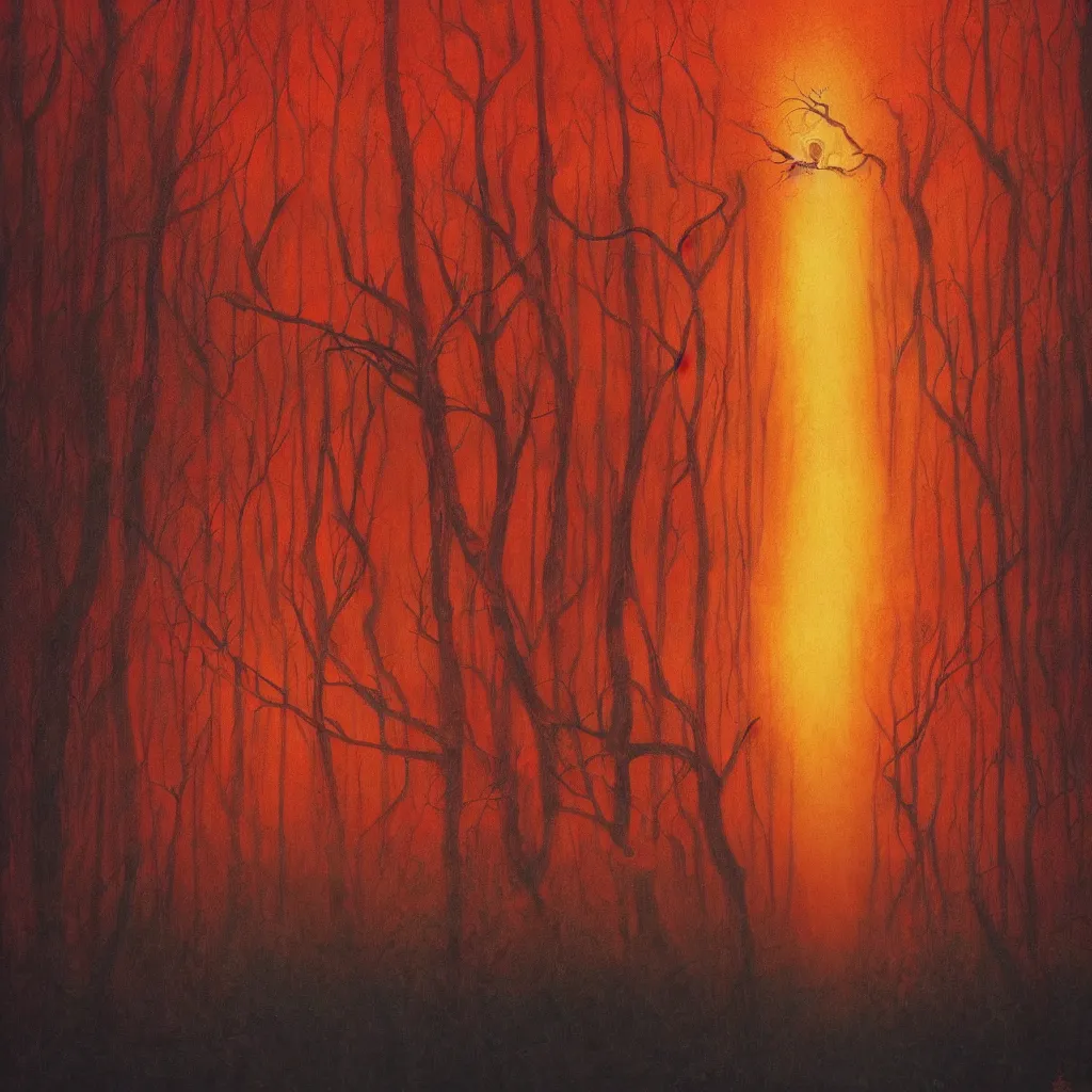 Image similar to semi real, and semi surreal. it's like a blend of a dream and a flawed memory. it's a forest under a red sun. a god sits under a tree, watching over a mystical body of water. the back of the canvas has a red glow from a fire set in the isle.