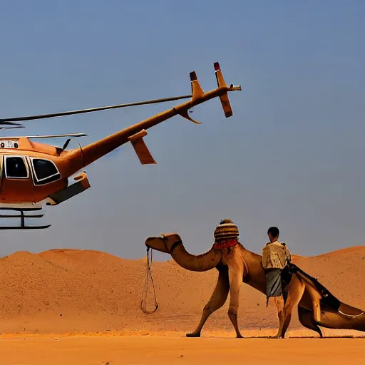 Image similar to helicopter in the shape of a camel, Saudi, realistic photograph