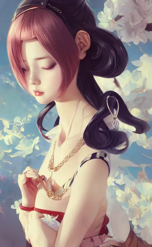 Image similar to a pin up and beautiful fashion and charming and dreamlke japan girl with lv jewelry, character art, art by artgerm lau and kyoung hwan kim and and ilya kuvshinov and john singer sargent, hyperdetailed, 8 k realistic, symmetrical, frostbite 3 engine, cryengine, dof, trending on artstation, digital art