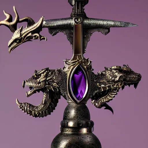 Prompt: a sword made out of amethyst with a dragon - shaped hilt, 8 k, hd, studio lighting, exquisite detail, photorealistic, glowing