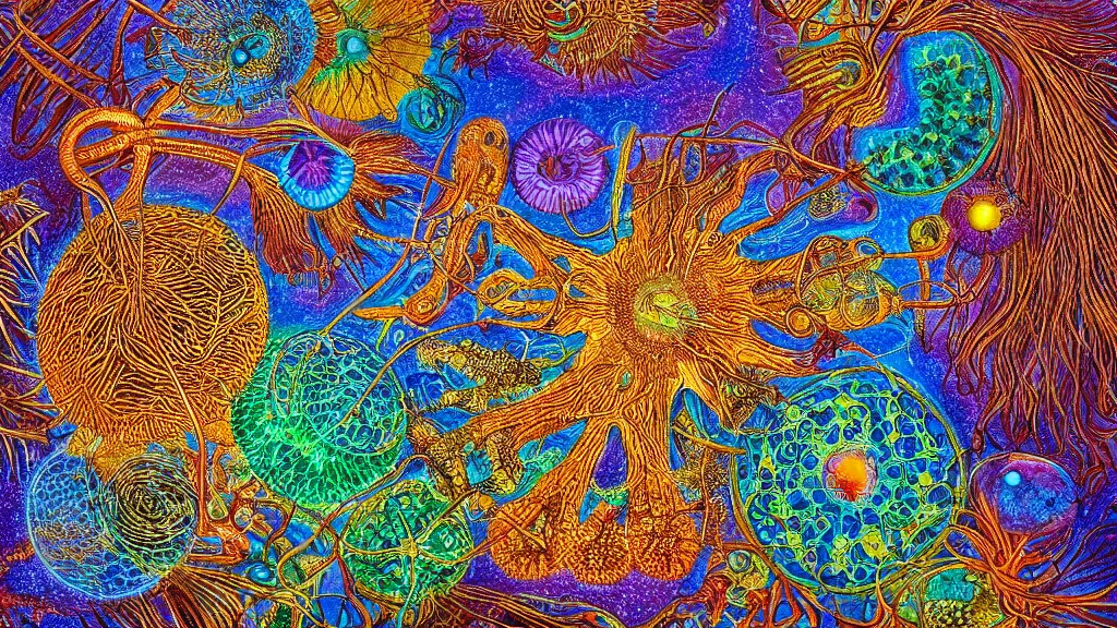 Image similar to quantum connections represented as symbiotic organisms like cells playing around with colorful lights by ernst haeckel, lightfull