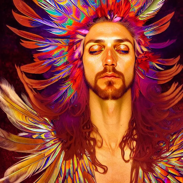 Image similar to face of jesus psychedelic transcendent feather mind bending psychedelic wings of glossy liquid honey flowing like kaleidoscopic translucent holograph, lsd feathers, feathery fluff, enlightenment, high contrast dappled lighting, refracted sunset, highly detailed, concept art, art by collier, albert aublet, krenz cushart, artem demura, alphonse mucha