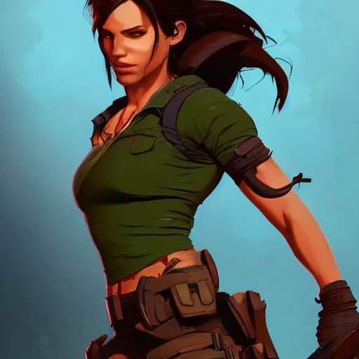 Image similar to portrait of lara croft. sharp focus, cinematic pose, cinematic lighting, unreal engine render. art by josan gonzales and moebius and deathburger.