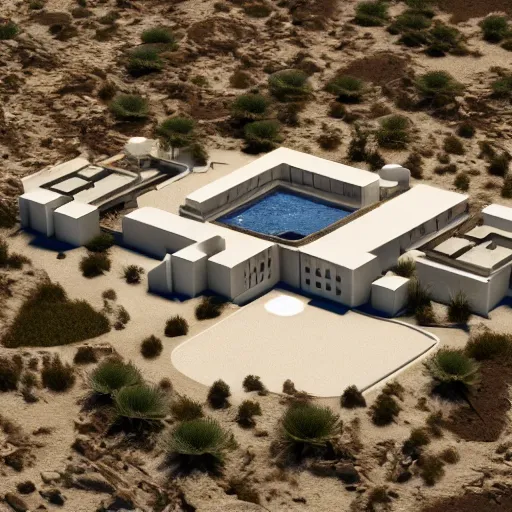 Image similar to brutalist villa in middle of a desert, aerial view, photorealistic render in octane