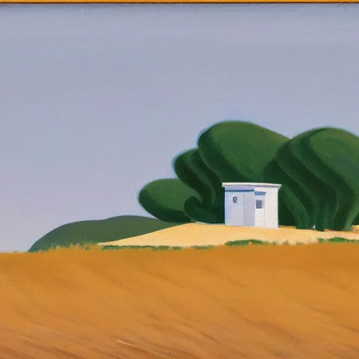 Image similar to motel in a desert rural landscape, painted by Alex Katz and Edward Hopper, airbrush, highly detailed