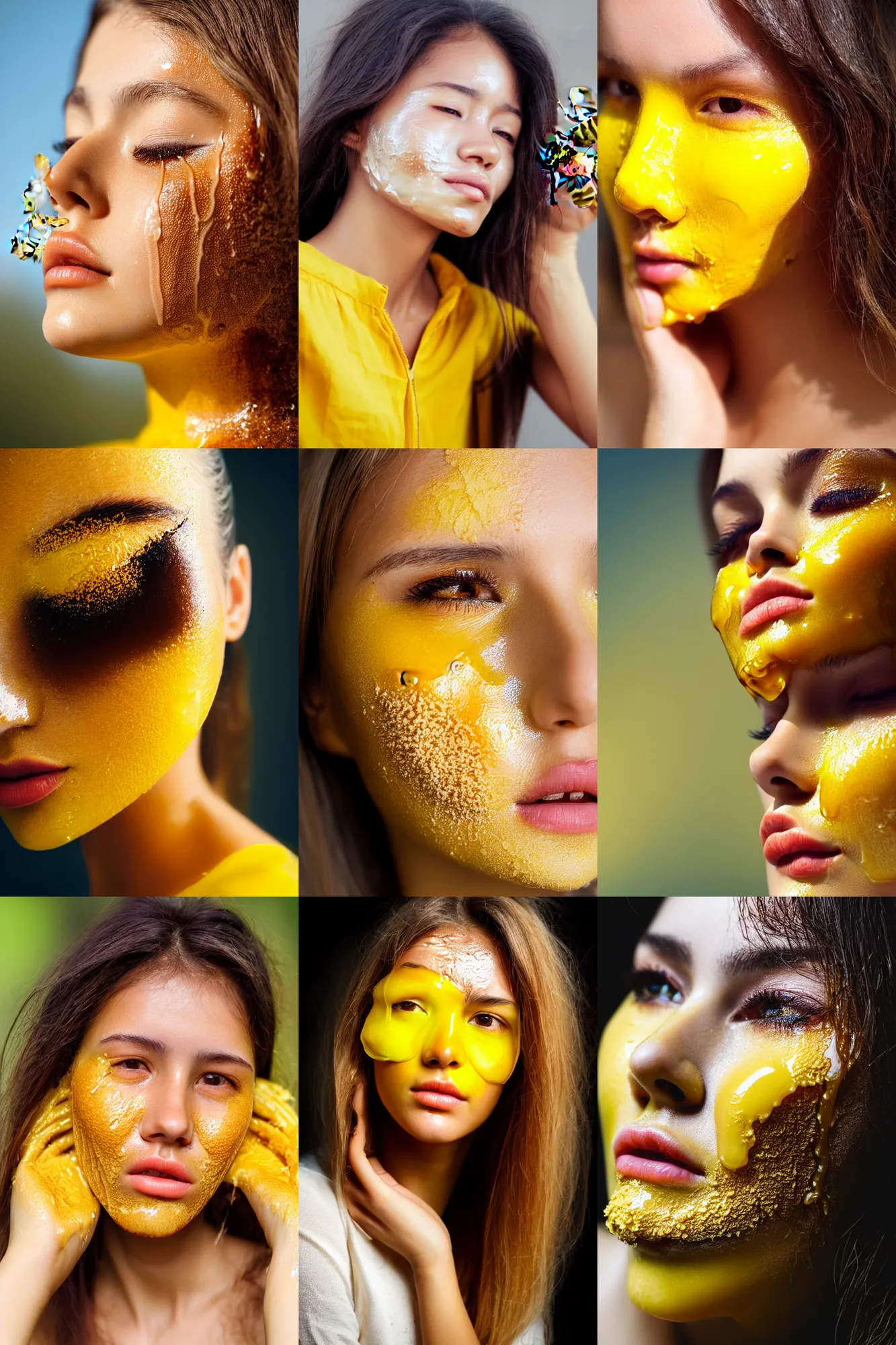 Prompt: The face of a beautiful girl with honey dripping down her face with bees clinging to it. yellow and dark shades. Close-up portrait in profile