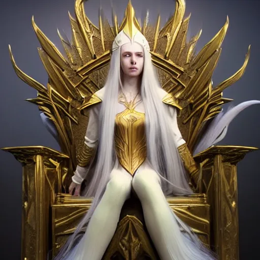 Image similar to tall elven queen sitting on the throne, long white hair, pale skin, golden coloured eyes, stunning 3 d render inspired art by greg rutkowski and xiang duan and thomas eakes, realistic, highly detailed attributes and atmosphere, dim volumetric cinematic lighting, 8 k octane detailed render, post - processing, masterpiece,