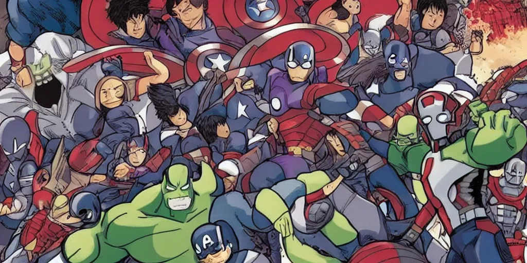 Image similar to studio ghibli image of marvel's the avengers fighting thanos