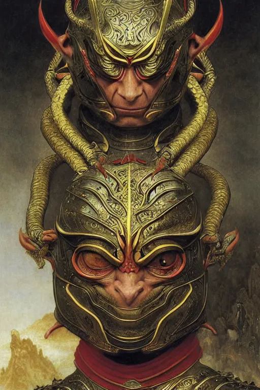 Image similar to portrait of gollum in a chinese dragon in armor and helmet, complex patterns, details, majestic, solemn, gorgeous, symmetrical, detailed intricate, hyper realistic, by bouguereau