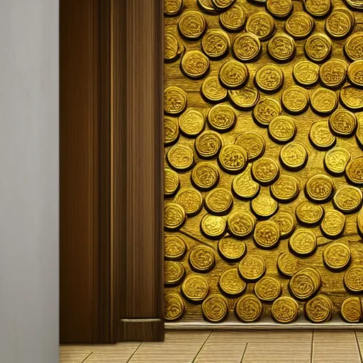 Prompt: photorealistic photograph of a vault full of gold coins behind a doorway