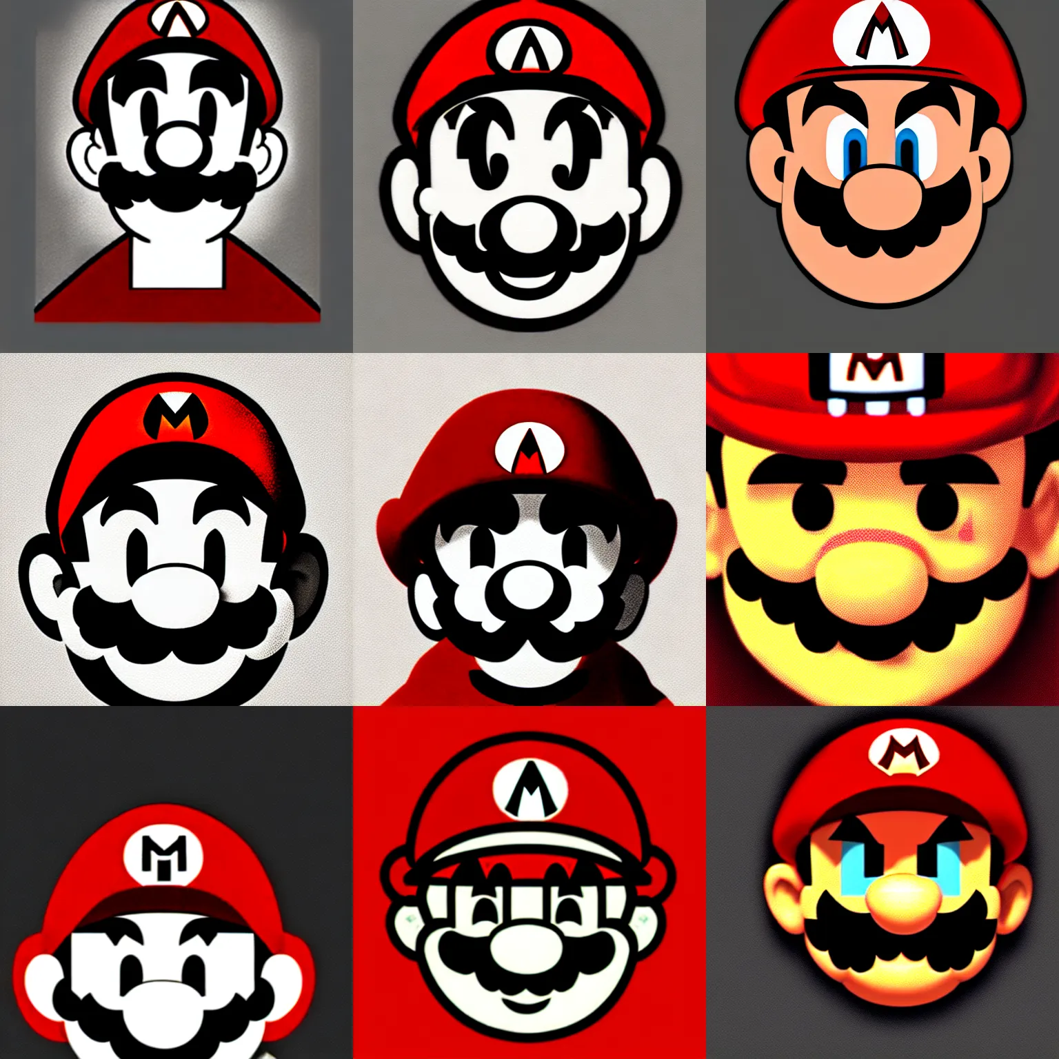 Prompt: videogame fanart of super mario facing camera, expression of malice and anger, focused gaze, faded and limited color palette, red selective coloring + monochrome, striking artstyle with sharp shadows, digital art