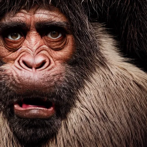 Prompt: Photo portrait Joe Rogan as a wax neanderthal cave man exaggerated brow wrapped in fur cloak screaming like a ape in the natural history museum background dramatic lighting 85mm lens by Steve McCurry