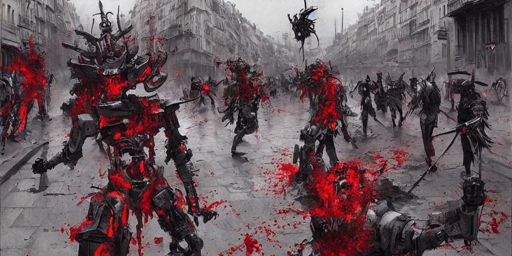 Image similar to demonic samurai robot on the streets of paris, very detailed painting, concept art, very creepy, pile of bodies, a lot of blood on the streets, art by jakub rozalski