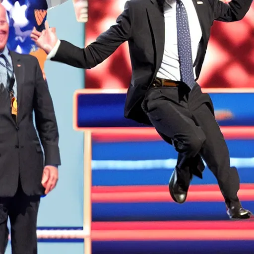 Image similar to mario jumping over Joe Biden front page award-winning