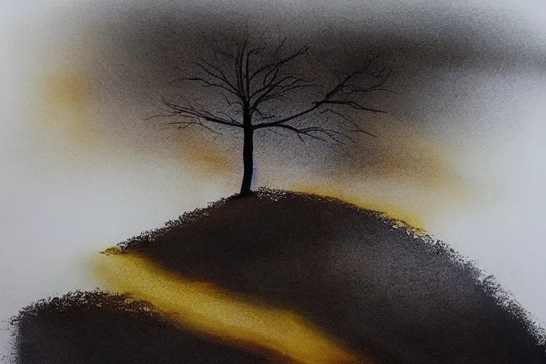 Image similar to beautiful serene walk to the top of the hill to see the wast horizon, healing through motion, life, minimalistic golden and ink airbrush painting on white background, pristine dream