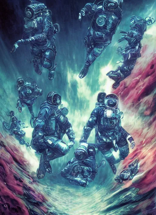 Image similar to astronauts in dark and empty void underwater - complex and hyperdetailed technical suit. reflection and dispersion materials. rays and dispersion of light. volumetric light. 5 0 mm, f / 3 2. noise film photo. flash photography. ultra realistic, wide angle. poster by wayne barlowe, hajime sorayama aaron horkey, craig mullins