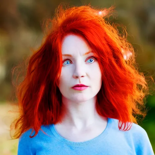 Image similar to red haired woman looking back at the camera, hyper realistic