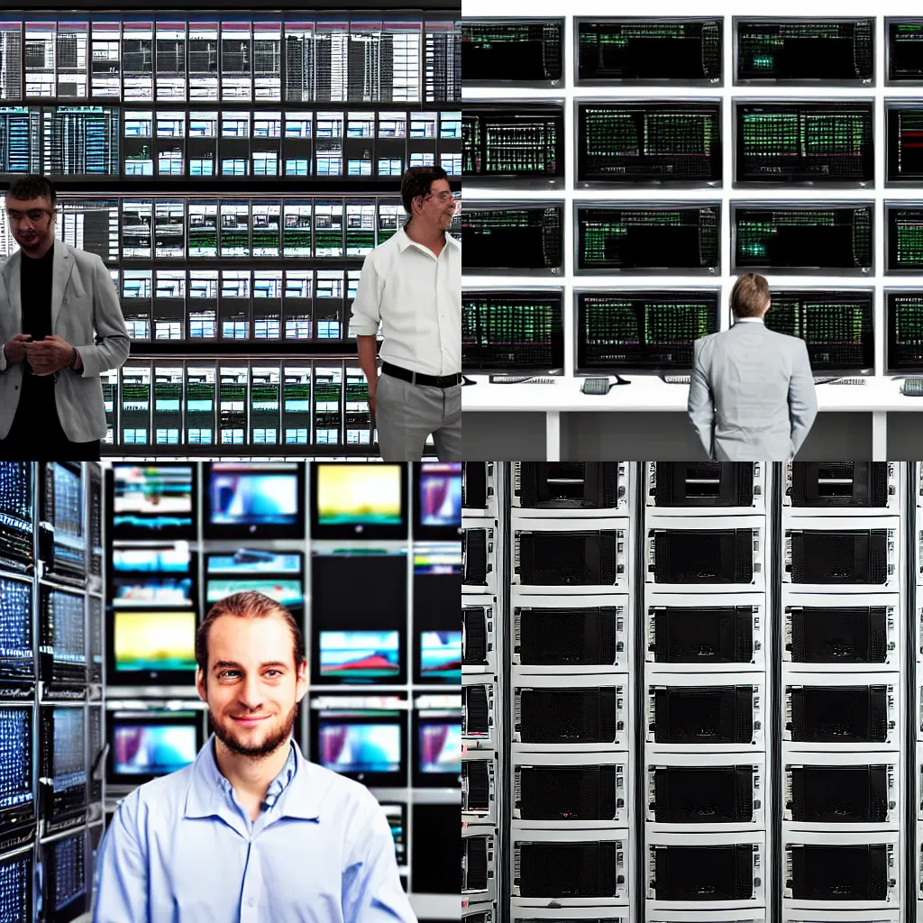 Prompt: a man standing in front of a wall of monitors computers mainframe