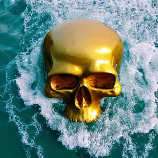 Prompt: a golden skull floating in the sea