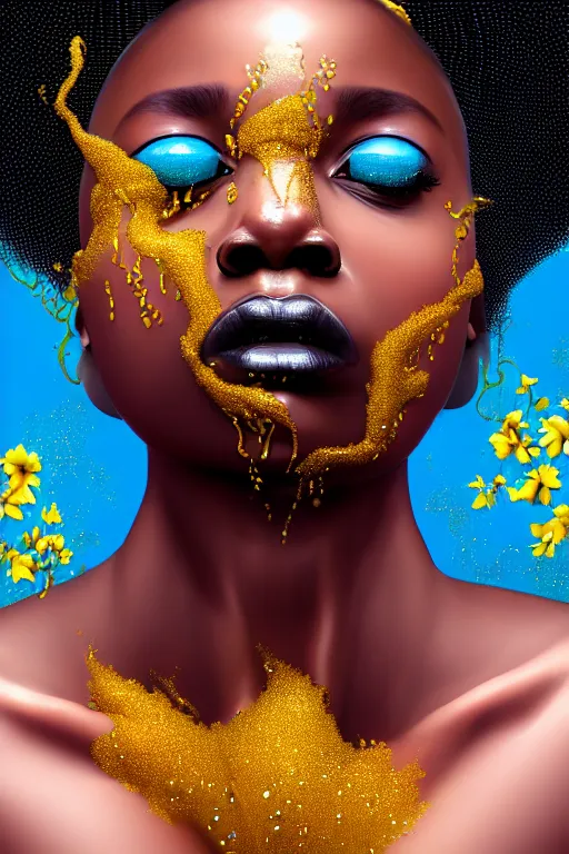 Prompt: hyperrealistic precisionist cinematic profile very expressive! black oshun goddess, in water! up to shoulders, mirror dripping droplet!, gold flowers, highly detailed face, digital art masterpiece, smooth eric zener cam de leon, dramatic pearlescent turquoise light on one side, low angle uhd 8 k, shallow depth of field, street photography