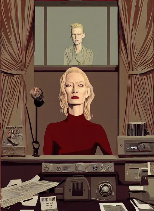 Image similar to Twin Peaks poster artwork by Michael Whelan, Bob Larkin and Tomer Hanuka, Karol Bak of portrait of radio host Tilda Swinton!!!!!!!!!! lounging in her radio sound booth, alone, late at night, from scene from Twin Peaks, simple illustration, domestic, nostalgic, from scene from Twin Peaks, clean, cover of New Yorker magazine