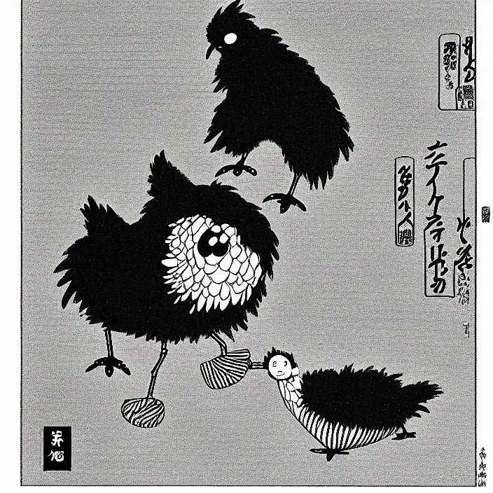 Image similar to a still frame from comic strip, black fluffy hairy bird 1 9 5 0, hasui kawase, new yorker illustration, monochrome bw, lineart, manga, tadanori yokoo, simplified,