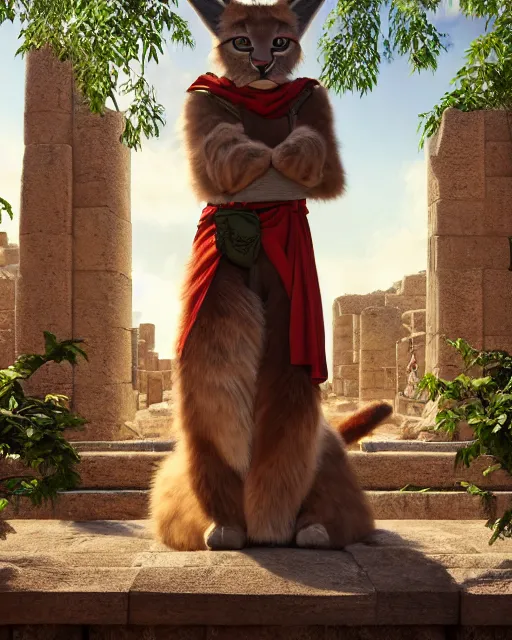 Image similar to fullbody photo of humanoid cute fluffy caracal dressed in toga, sun behind him, ancient greek city, sunny day, by ilya kuvshinov, rtx rendering, octane render 1 2 8 k, maya, extreme high intricate details by tom bagshaw, medium shot, composition by sana takeda, lighting by greg rutkowski