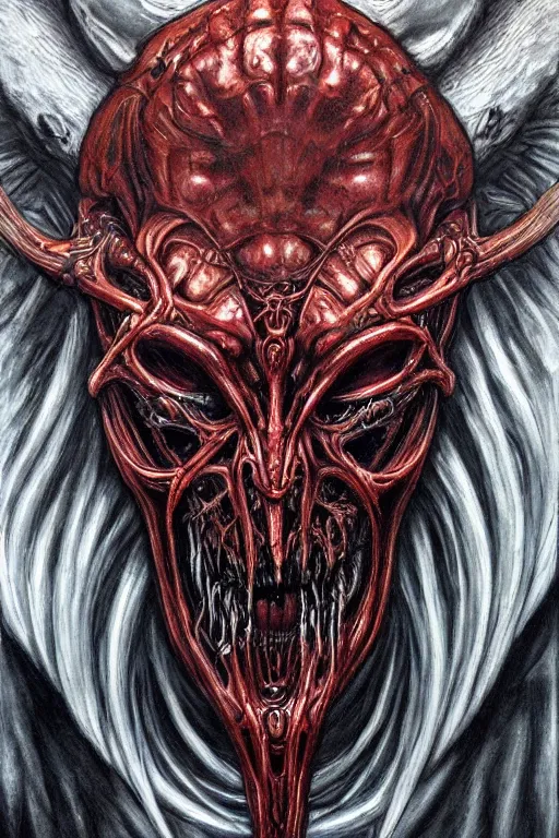 Image similar to Elden Ring and Doom themed painting of majestic crimson biomechanical necro revenant human hybrid beautiful undead angel symmetrical angry mask closeup face angry mask closeup tattoo pattern golden ratio concept, Neo-Gothic concept, infinity glyph waves, intricate artwork masterpiece, very coherent artwork, cinematic, full frontal facial features by Artgerm, art by H.R. Giger, Takato Yamamoto, Zdizslaw Beksinski, Johnatan Wayshak, Moebius, Ayami Kojima, very anatomically coherent artwork, trending on cgsociety, ultra high quality model, production quality cinema model, high detail chromatic ink outline, octane render, unreal engine 8k, hyper realism, high detail, octane render, unreal engine, 8k, High contrast