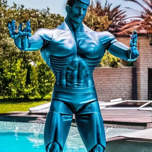 Image similar to a realistic detailed photo of a guy who is an attractive humanoid who is half robot and half humanoid, who is a male android, wrestler zack ryder, shiny skin, posing like a statue, blank stare, by the pool, on display, showing off his muscles, humanoid robot, frozen ice statue