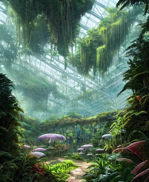 Image similar to an enormous conservatory greenhouse exterior, overgrown with exotic fungus, overgrown with huge ferns, cliff side, noon, sun drenched, partly cloudy, by dan mumford, yusuke murata, makoto shinkai, ross tran, cinematic, unreal engine, cel shaded, featured on artstation, pixiv