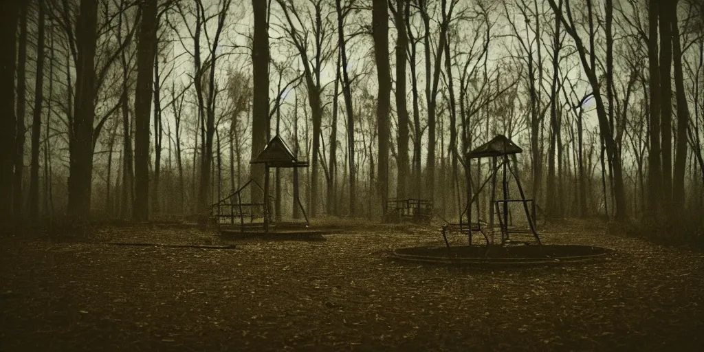 Prompt: a creepy atmospheric play ground in the dark woods, abandoned, haunted, ghost children, ghost hunters, volumetric lighting, film shot, Depth of field, close up shot, 1950's, ISO 1800, scratches, celluloid